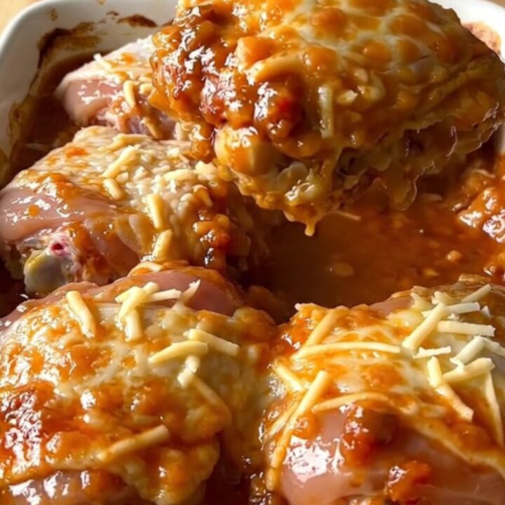 A top-down view of a rectangular baking dish filled with golden baked chicken thighs and rice.