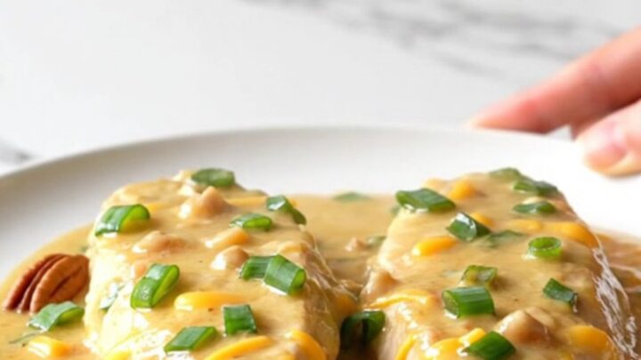 A slow cooker filled with creamy chicken breasts topped with pecans and green onions.
