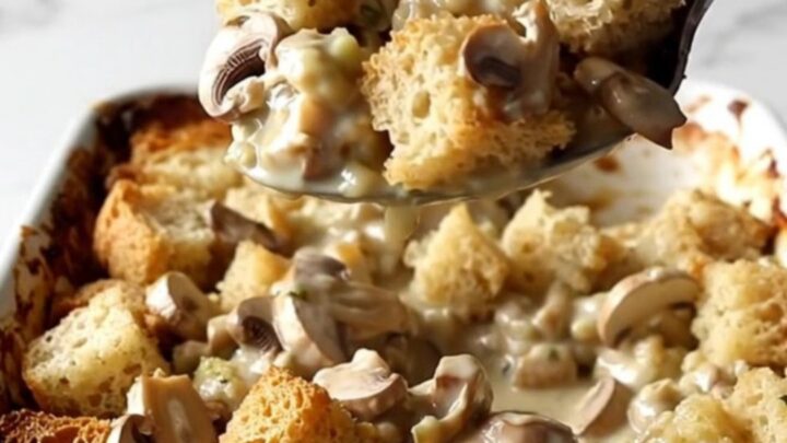 A golden-brown creamy mushroom stuffing casserole in a white rectangular dish.