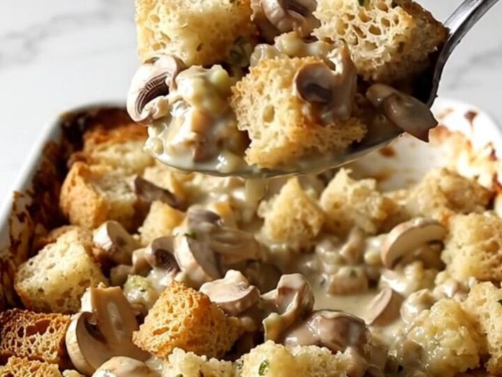 A golden-brown creamy mushroom stuffing casserole in a white rectangular dish.