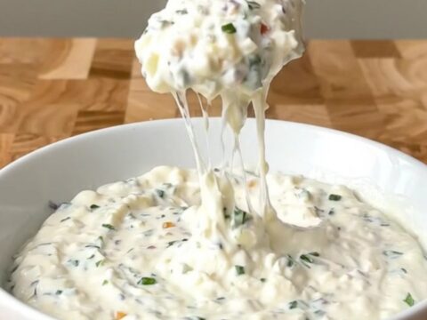 A white slow cooker filled with a creamy, melted garlic white pizza dip, garnished with herbs.