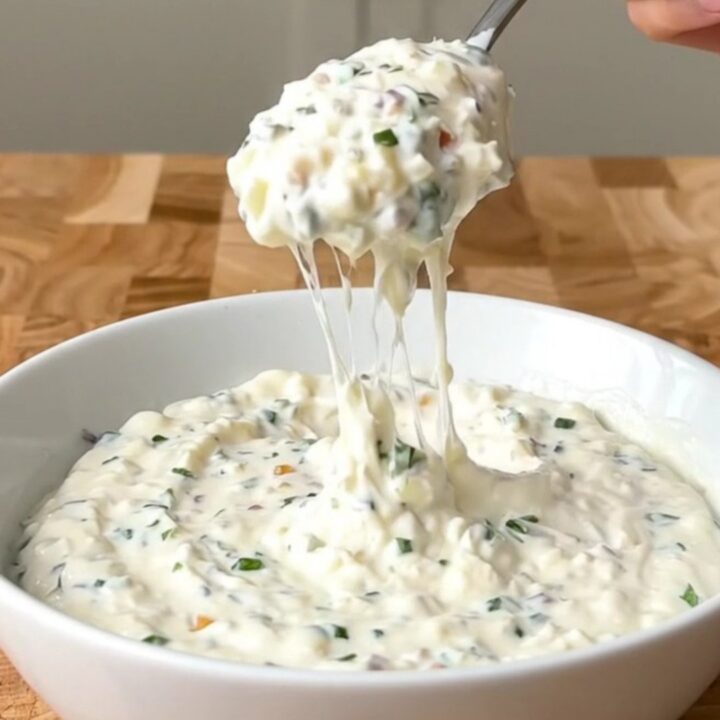 A white slow cooker filled with a creamy, melted garlic white pizza dip, garnished with herbs.