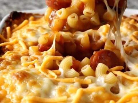 A top-down view of a rectangular baking dish filled with macaroni and smoked sausage in a vibrant tomato sauce.