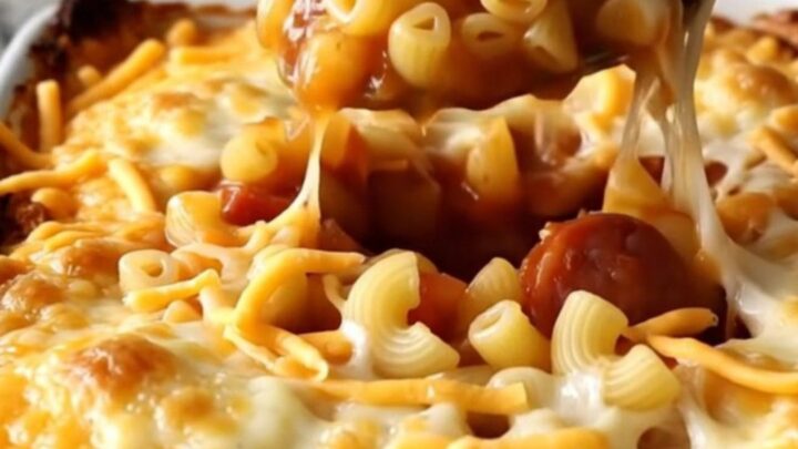 A top-down view of a rectangular baking dish filled with macaroni and smoked sausage in a vibrant tomato sauce.