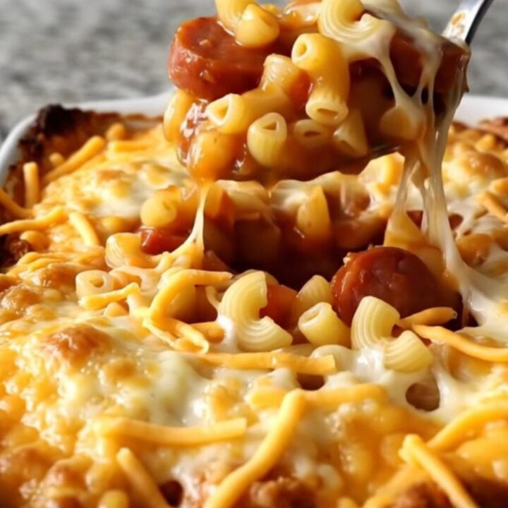 A top-down view of a rectangular baking dish filled with macaroni and smoked sausage in a vibrant tomato sauce.
