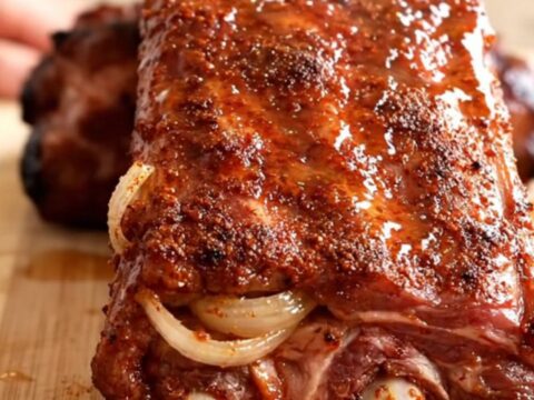 A close-up of tender, slow-cooked baby back ribs with a dark red dry rub on a wooden cutting board.