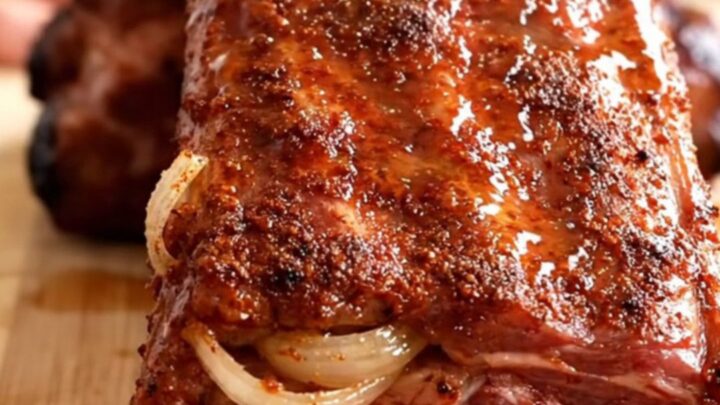 A close-up of tender, slow-cooked baby back ribs with a dark red dry rub on a wooden cutting board.