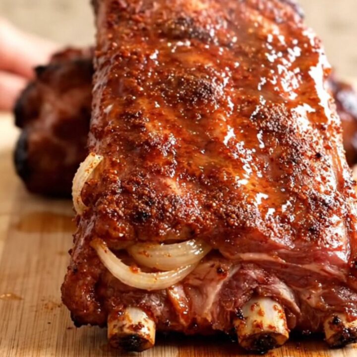 A close-up of tender, slow-cooked baby back ribs with a dark red dry rub on a wooden cutting board.