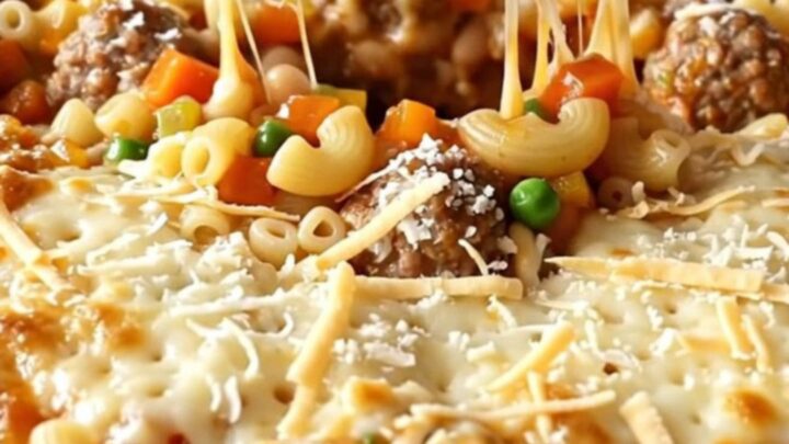 Top-down view of a rectangular baking dish filled with pasta, meatballs, and cheese on a kitchen counter.