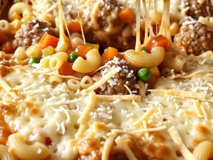 Top-down view of a rectangular baking dish filled with pasta, meatballs, and cheese on a kitchen counter.