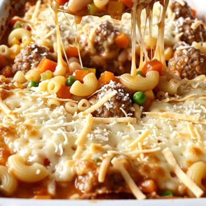 Top-down view of a rectangular baking dish filled with pasta, meatballs, and cheese on a kitchen counter.