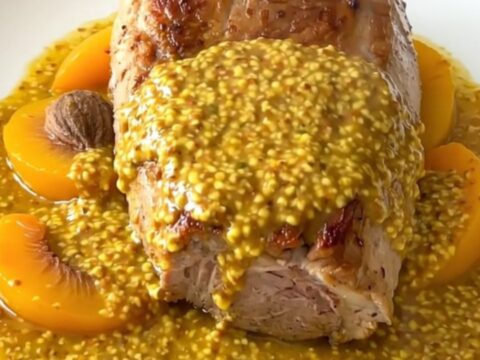 A slow cooked pork tenderloin on a white plate, covered in a glossy peach and Dijon mustard sauce.
