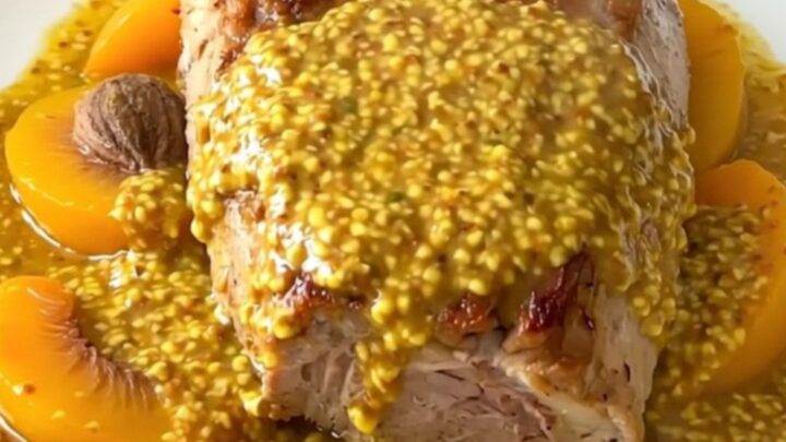 A slow cooked pork tenderloin on a white plate, covered in a glossy peach and Dijon mustard sauce.