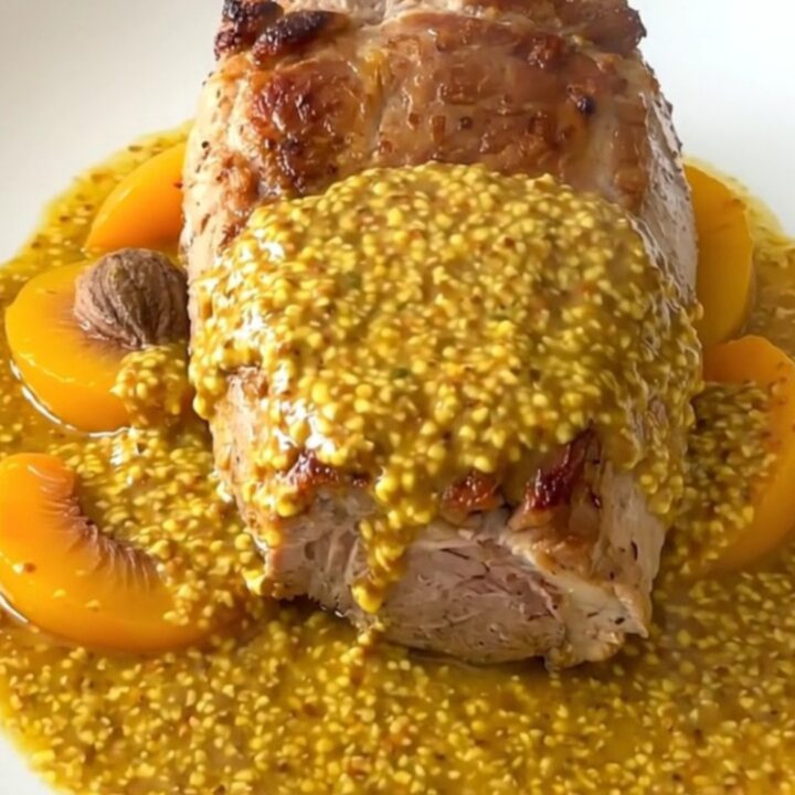 A slow cooked pork tenderloin on a white plate, covered in a glossy peach and Dijon mustard sauce.