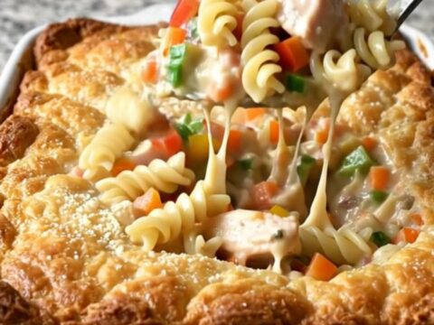 A top-down view of a creamy chicken primavera rotini bake in a white ceramic dish.
