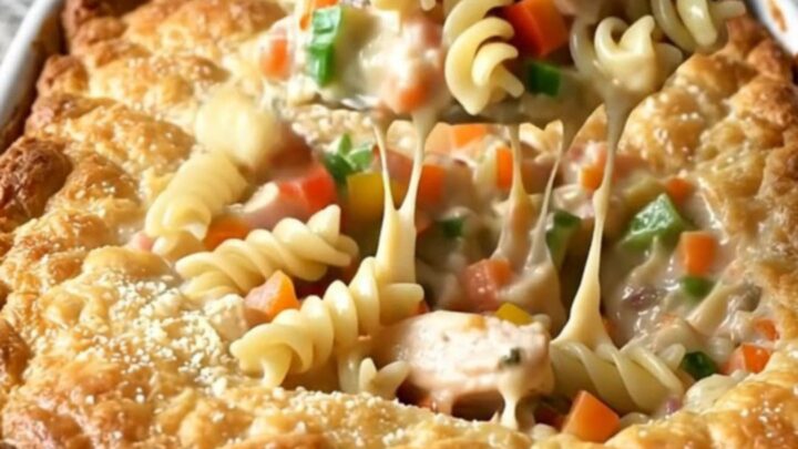 A top-down view of a creamy chicken primavera rotini bake in a white ceramic dish.