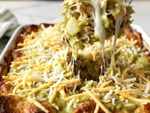 A golden, bubbling green chile turkey hash brown casserole in a white ceramic dish on a speckled counter.