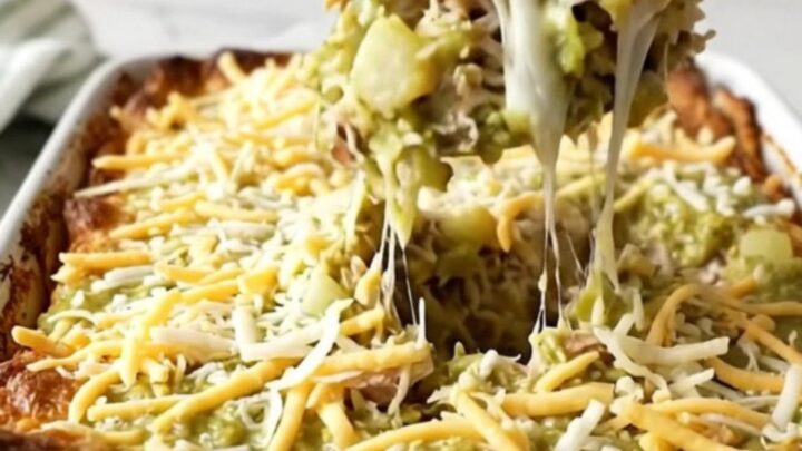 A golden, bubbling green chile turkey hash brown casserole in a white ceramic dish on a speckled counter.