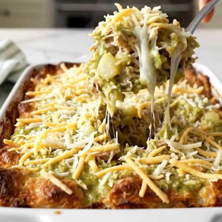 A golden, bubbling green chile turkey hash brown casserole in a white ceramic dish on a speckled counter.