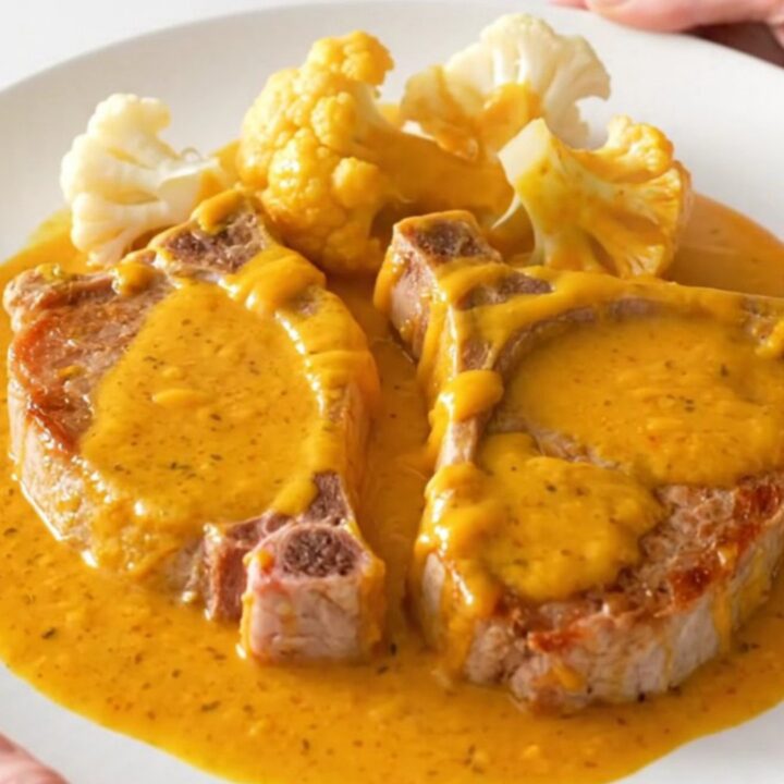 A close-up view of cooked pork chops and cauliflower florets coated in a creamy orange cheddar sauce in a slow cooker.