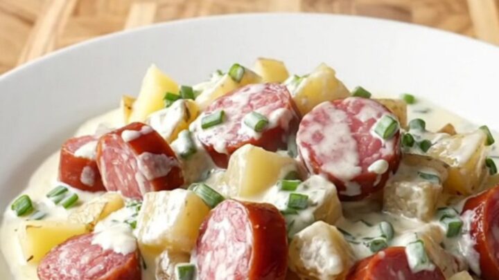 A white slow cooker filled with slices of smoked sausage and gold potato cubes in a creamy sauce.