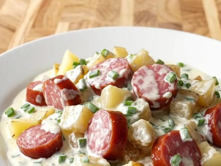A white slow cooker filled with slices of smoked sausage and gold potato cubes in a creamy sauce.