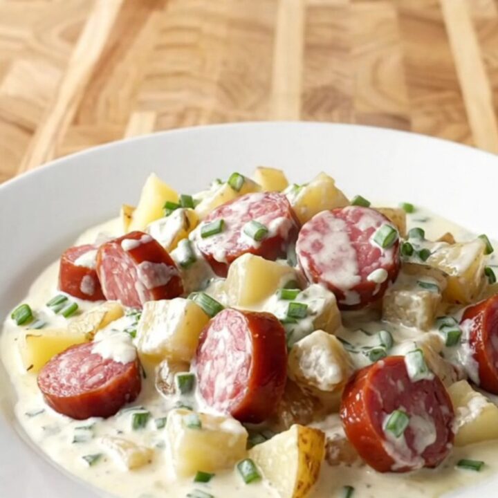 A white slow cooker filled with slices of smoked sausage and gold potato cubes in a creamy sauce.