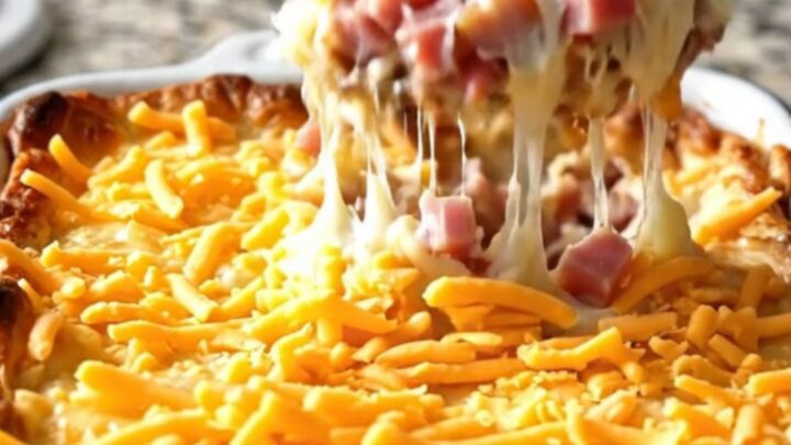 A top-down view of a creamy ham and cheddar mashed potato casserole in a rectangular white baker.