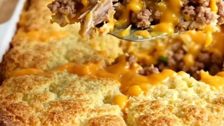 A golden, bubbly green chile turkey and cornbread bake in a white ceramic dish.
