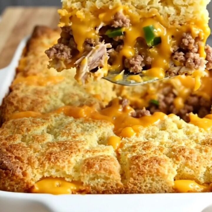 A golden, bubbly green chile turkey and cornbread bake in a white ceramic dish.