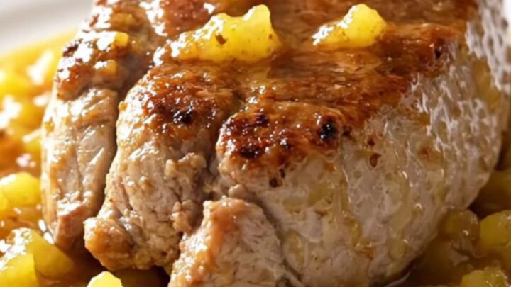 A slow cooker filled with pork tenderloin, pineapple chunks, and a rich, spiced jerk sauce.