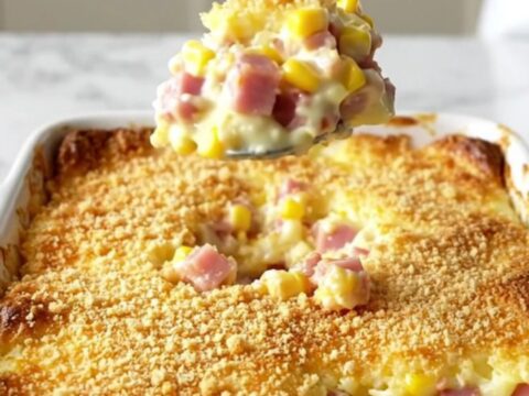 A top-down view of a rectangular ceramic baking dish filled with a creamy corn and ham casserole topped with golden cracker