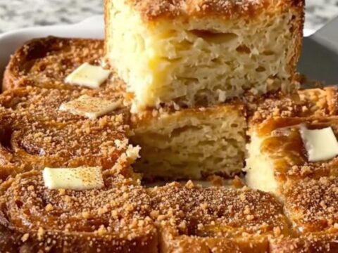 A golden, puffed French toast bake fresh from the oven in a rectangular ceramic dish.