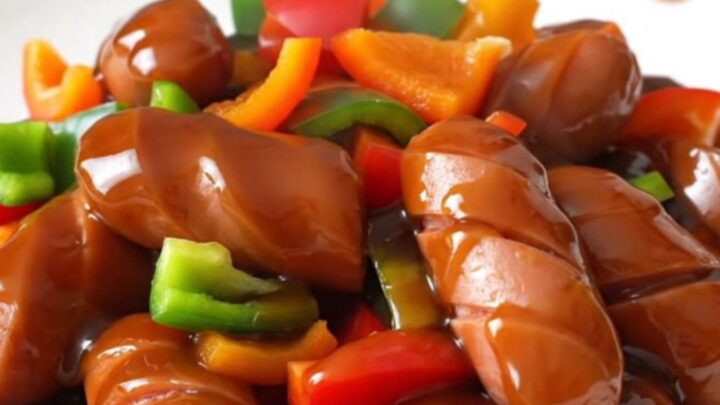 A close-up of slow cooker teriyaki chicken sausage with bell peppers and pineapple in a glossy glaze.