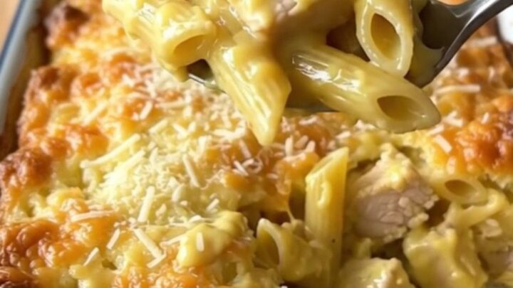 A large white enameled rectangular baker filled with a creamy lemon pepper chicken penne bake on a butcher-block counter.