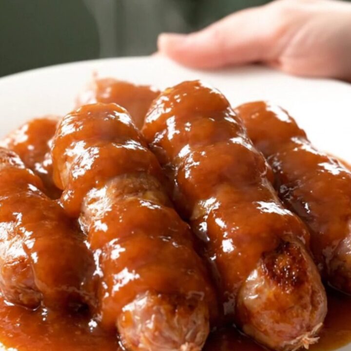 A close-up of honey chipotle sausage and baby gold potatoes in a slow cooker.