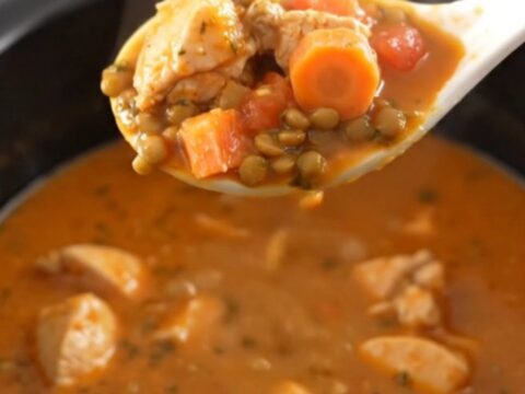 A bowl of warm, hearty chicken and lentil stew with visible carrot coins and herbs.