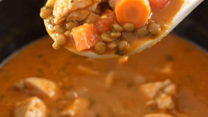 A bowl of warm, hearty chicken and lentil stew with visible carrot coins and herbs.