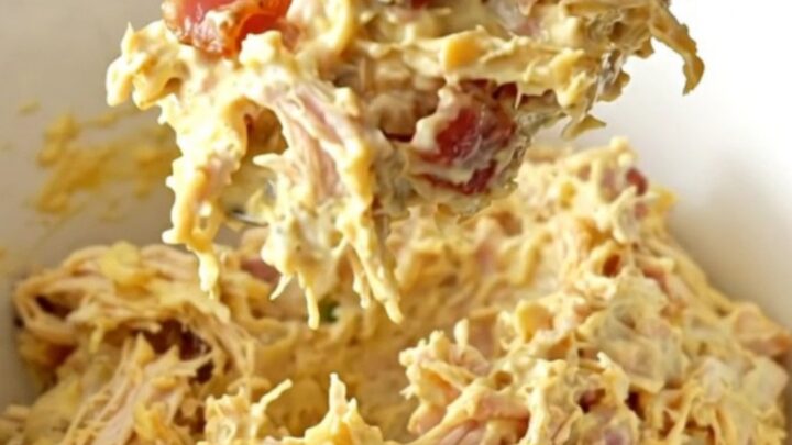 A close-up of a creamy honey mustard chicken dip in a slow cooker with visible bacon and melted cheese.