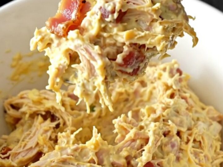 A close-up of a creamy honey mustard chicken dip in a slow cooker with visible bacon and melted cheese.
