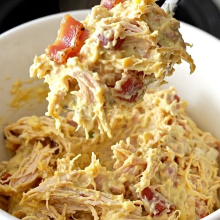 A close-up of a creamy honey mustard chicken dip in a slow cooker with visible bacon and melted cheese.