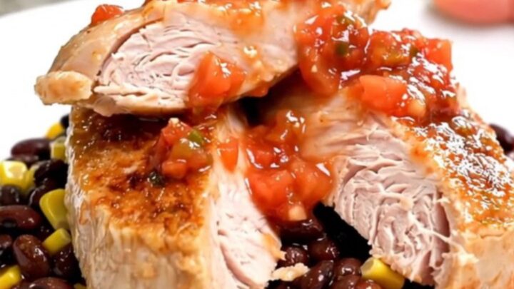 A close-up of tender, slow-cooked turkey tenderloins served with black beans and corn on a white plate.