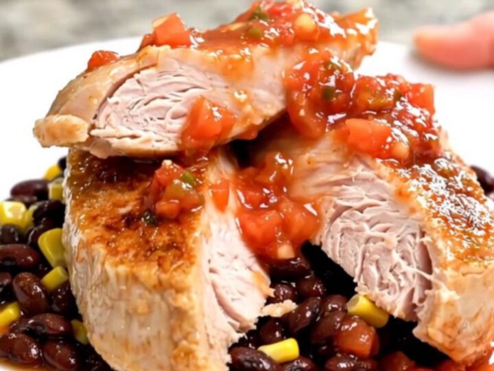A close-up of tender, slow-cooked turkey tenderloins served with black beans and corn on a white plate.