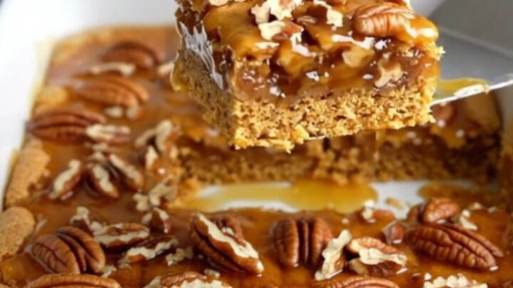 A golden, square-cut praline pecan graham cracker bar being held up, showing the distinct layers.