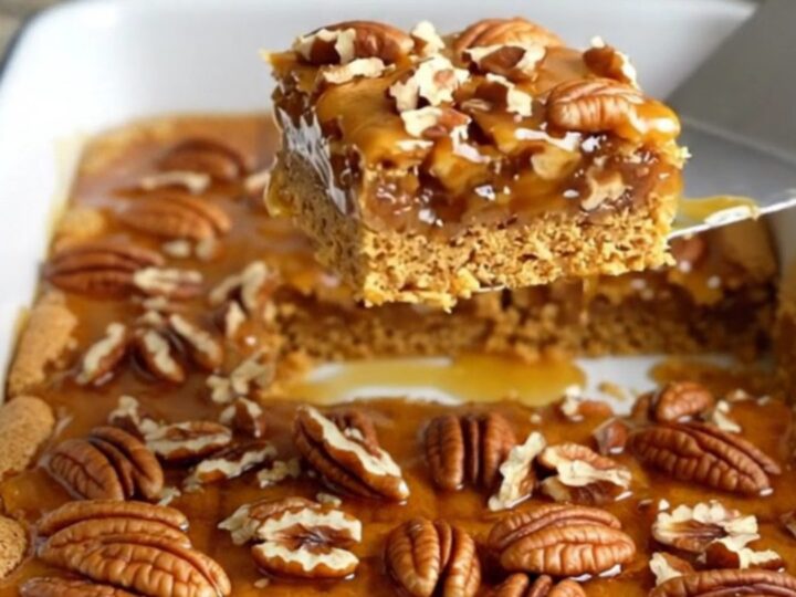 A golden, square-cut praline pecan graham cracker bar being held up, showing the distinct layers.