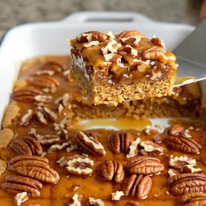 A golden, square-cut praline pecan graham cracker bar being held up, showing the distinct layers.
