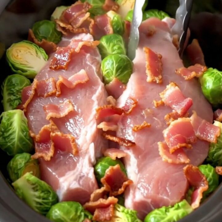 Whole pork tenderloin braised in a slow cooker with Brussels sprouts and crispy bacon crumbles in a Dijon broth.