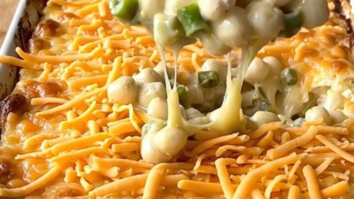 A top-down view of a rectangular white ceramic dish filled with a creamy, golden-brown baked hominy casserole.