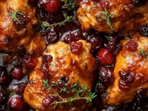 A rustic cast iron skillet filled with golden seared chicken thighs coated in a glossy, dark cranberry balsamic glaze.