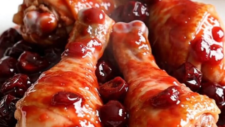 Close up of glazed cherry chicken drumsticks in a slow cooker on a butcher block counter.